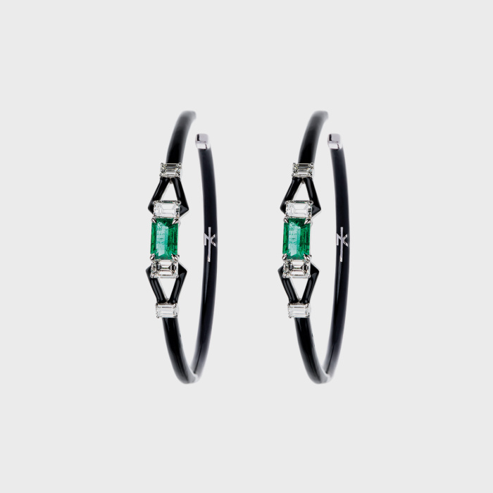 White gold hoop earrings with emeralds, white diamonds and black enamel