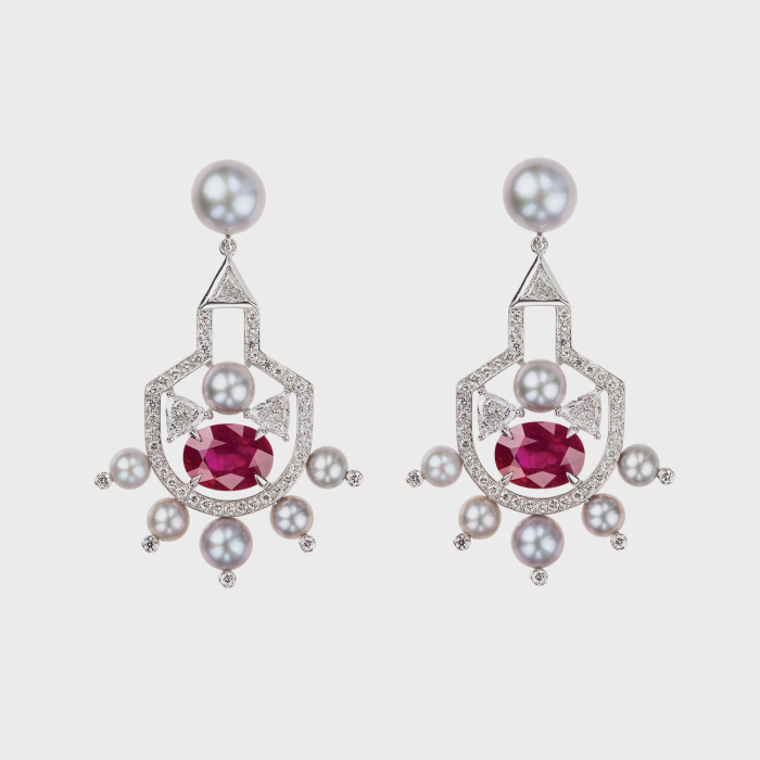 White gold earrings with white diamonds, rubies, silver pearls