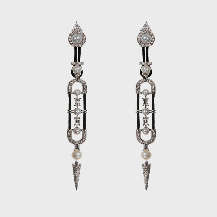White gold long earrings with white diamonds, silver pearls and black enamel
