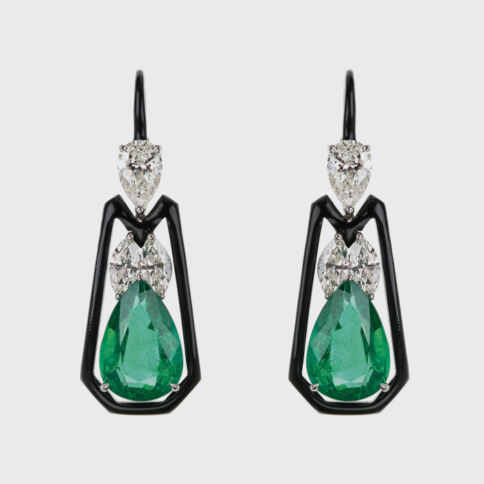 White gold earrings with pear shape emeralds,pear shape white diamonds, navette white diamonds and black enamel