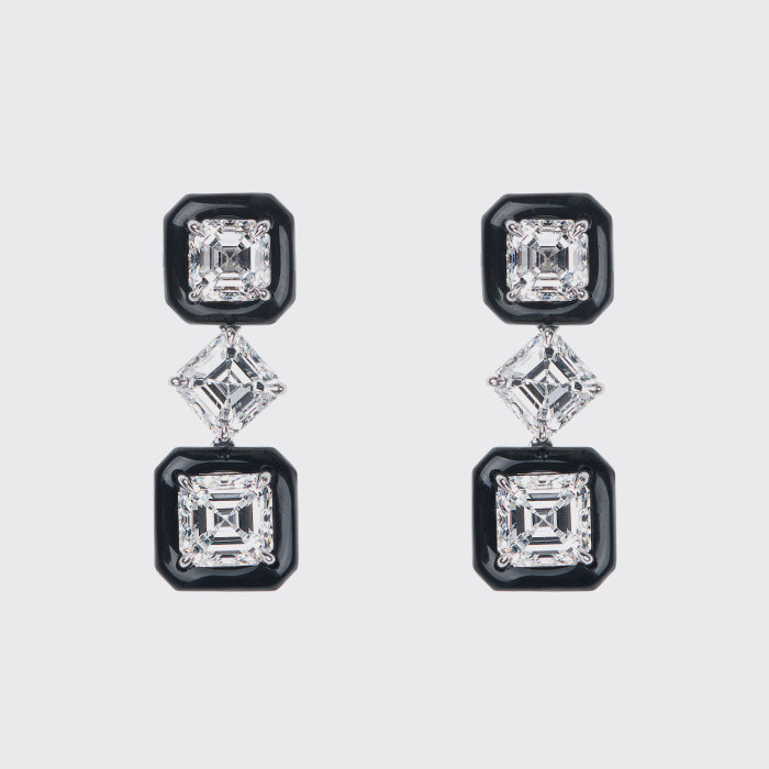 White gold earrings with asscher cut white diamonds and black enamel