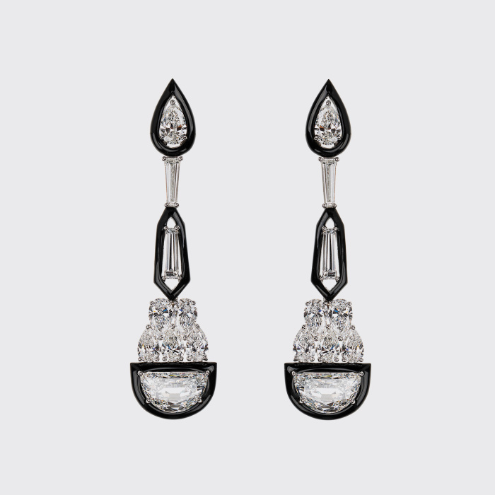 White gold long earrings with pear shape, half moon and tapered white diamonds and black enamel