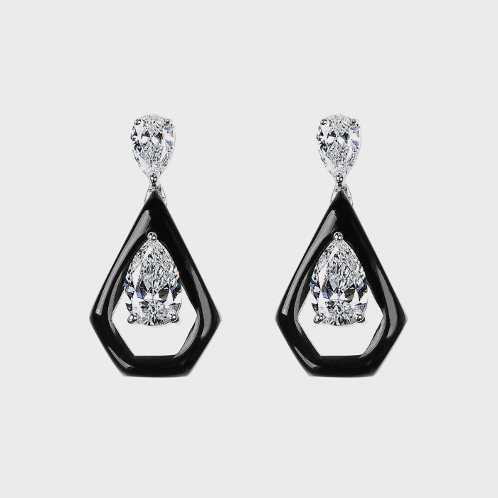 White gold small earrings with pear shape white diamonds and black enamel
