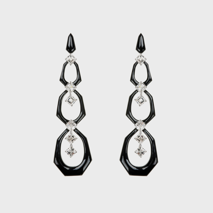 White gold earrings with asscher cut white diamonds and black enamel