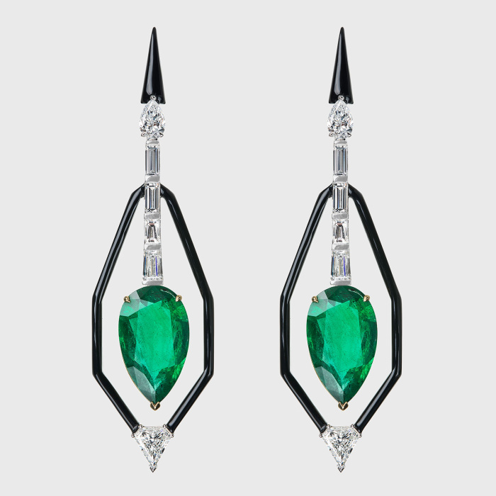 White gold earrings with pear shape emeralds, pear shape, trillion and baguette white diamonds and black enamel