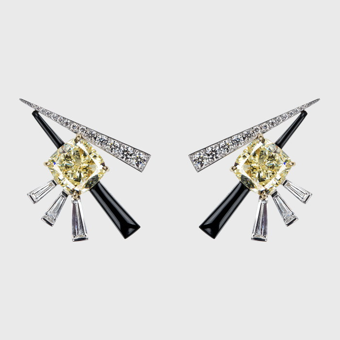 White gold earrings with cushion cut yellow diamonds, white diamonds and black enamel
