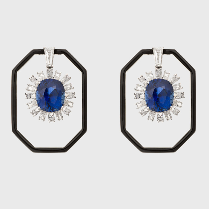 White gold earrings with cushion blue sapphires, white diamond baguettes and black enamel
