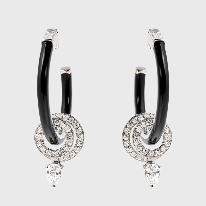 White gold small hoop earrings with white diamonds and black enamel