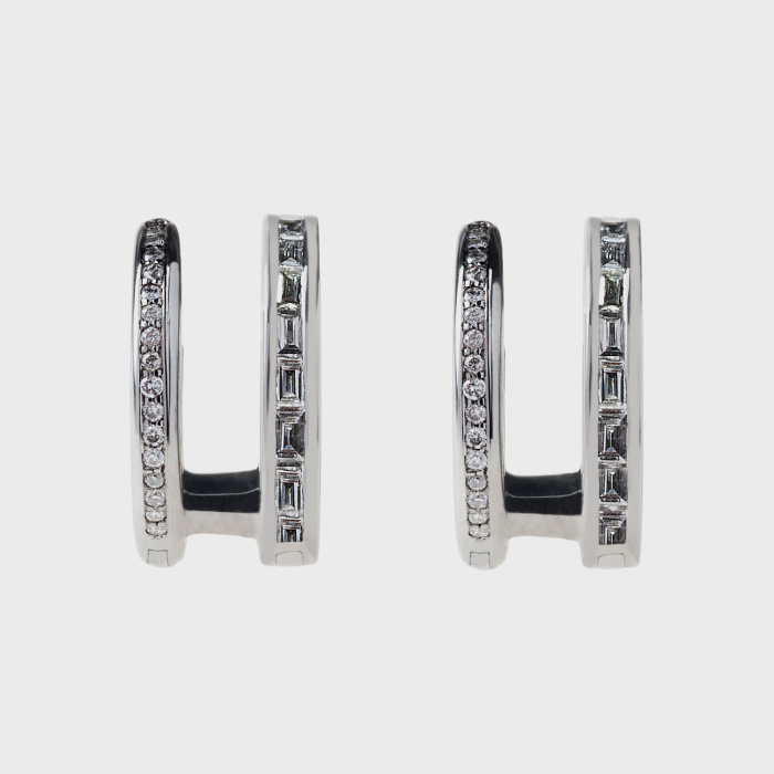 Black gold small earrings with white diamonds and white diamond baguettes