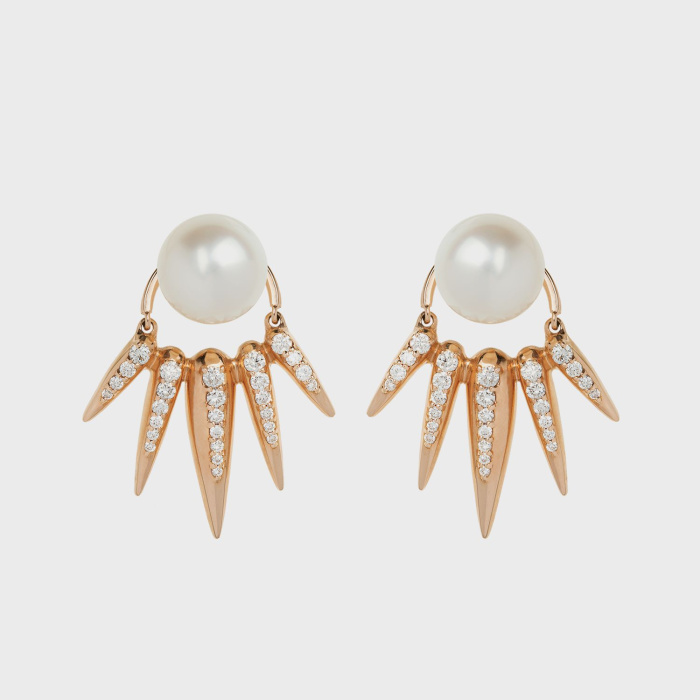 Rose gold earrings with white diamonds and white pearl studs