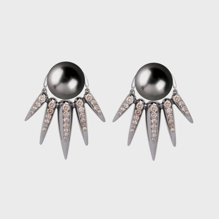 Black gold earrings with brown diamonds and black pearl studs