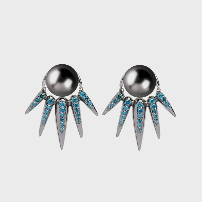 Black gold earrings with blue diamonds and black pearl studs