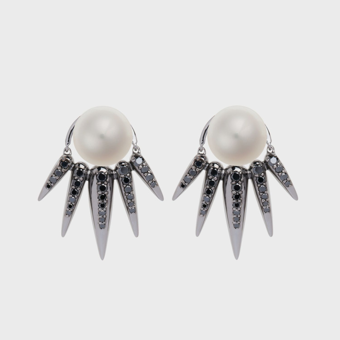 Black gold earrings with black diamonds and white pearl studs