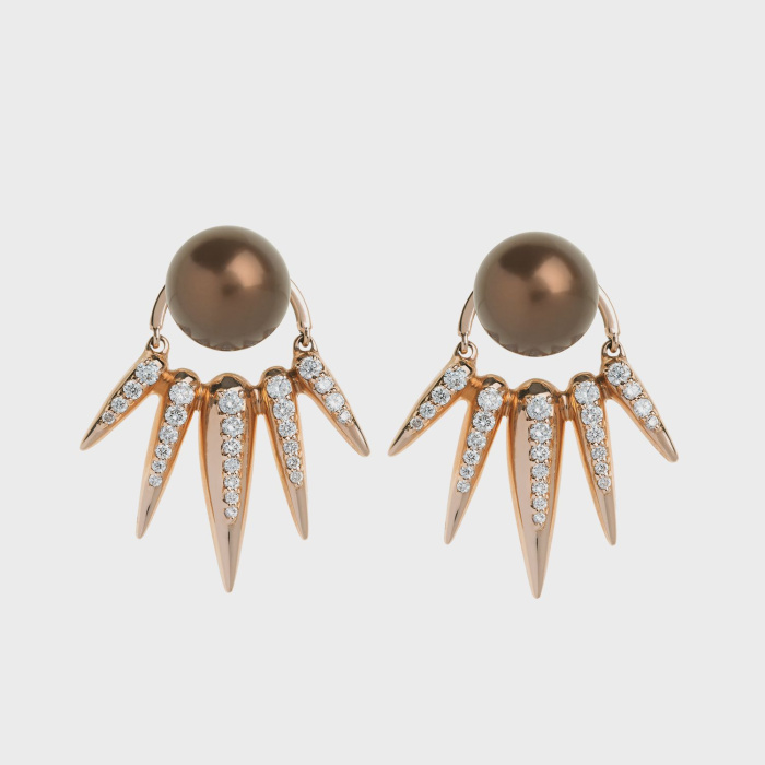 Rose gold earrings with white diamonds and brown pearl studs