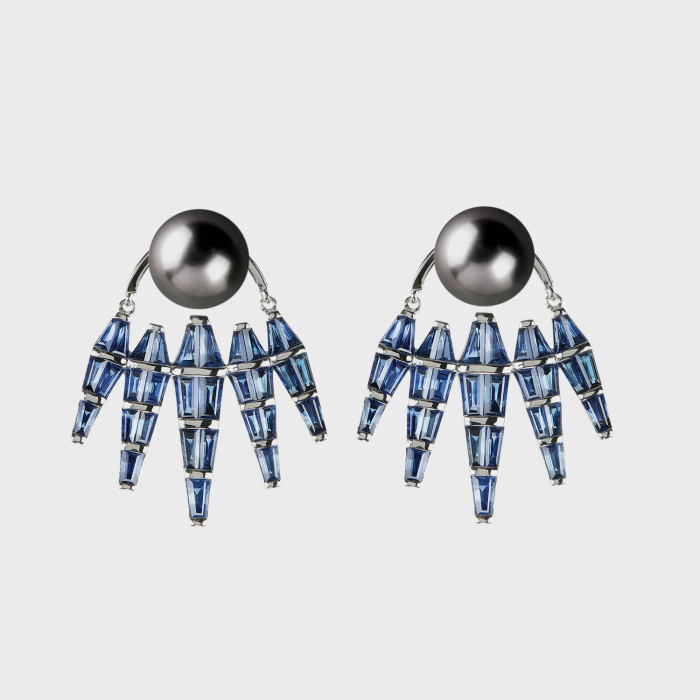 Black gold earrings with tapered blue sapphires and black pearl studs