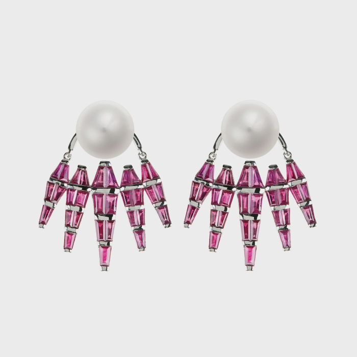 White gold earrings with tapered rubies and white pearl studs