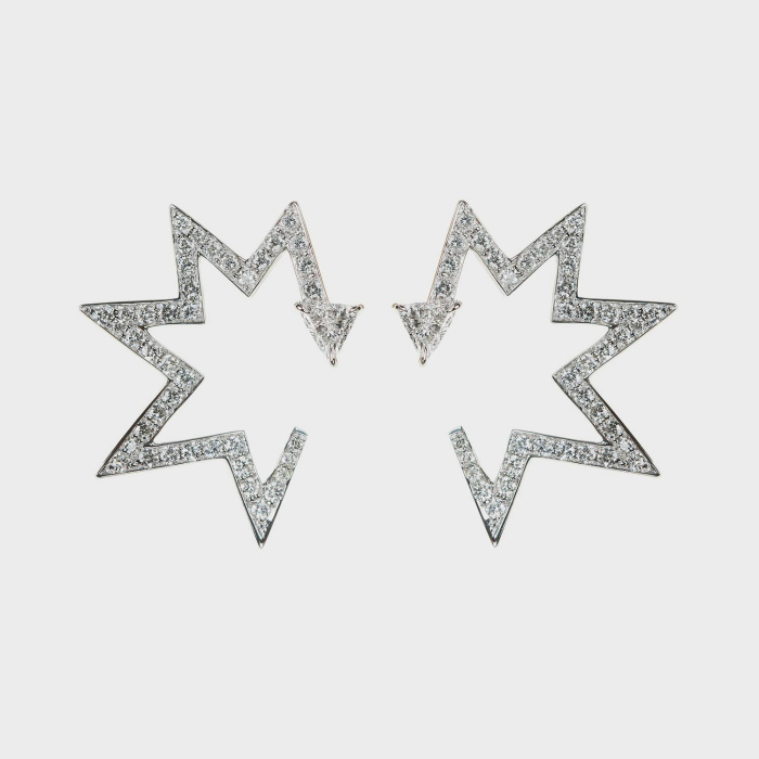 White gold star earrings with white diamonds and white trillion diamonds