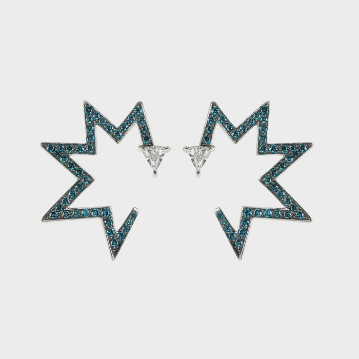 White gold star earrings with blue diamonds and white trillion diamonds