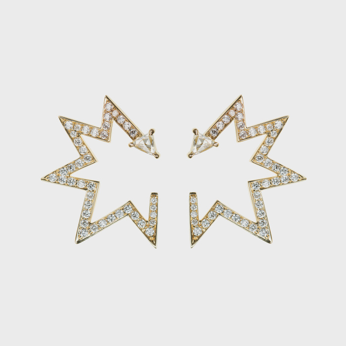 Yellow gold star earrings with white diamonds and trillion white diamond