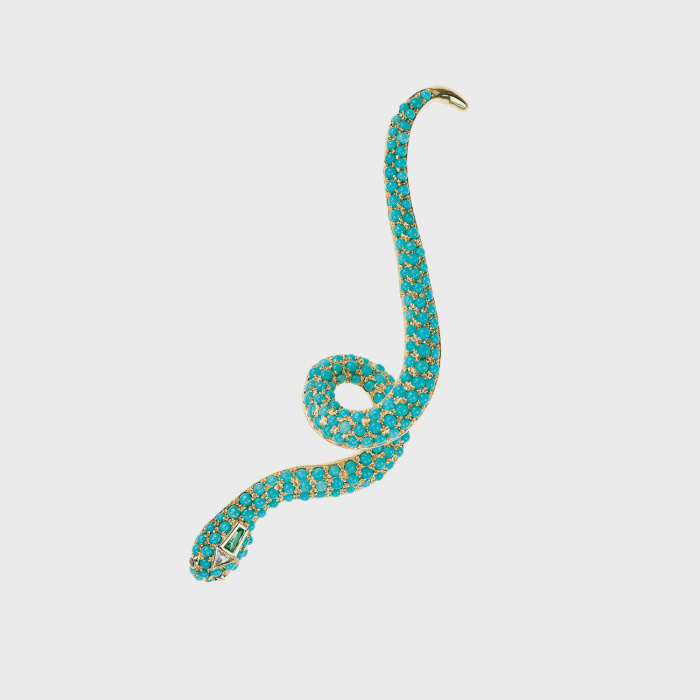 Yellow gold snake earcuff with white diamonds, turquoises, emerald and black diamonds