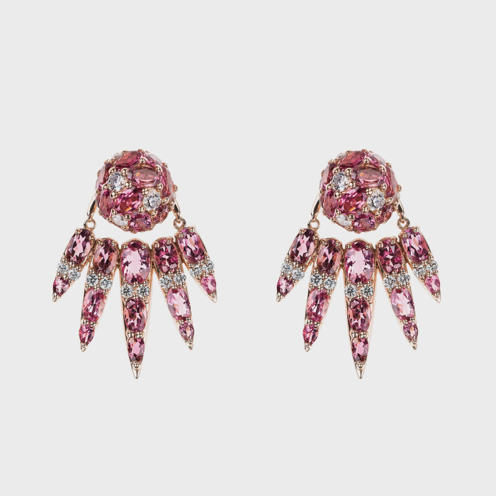 Rose gold earrings with pink tourmalines and white diamonds with pink tourmaline studs