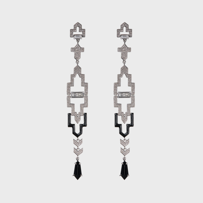 White gold long earrings with white diamonds, black enamel and black onyx