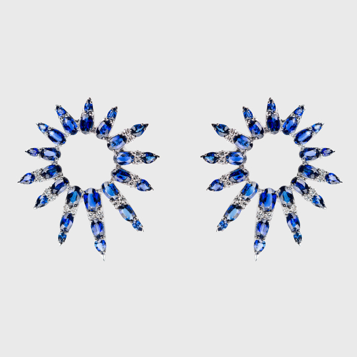 White gold hoop earrings with blue sapphires and white diamonds