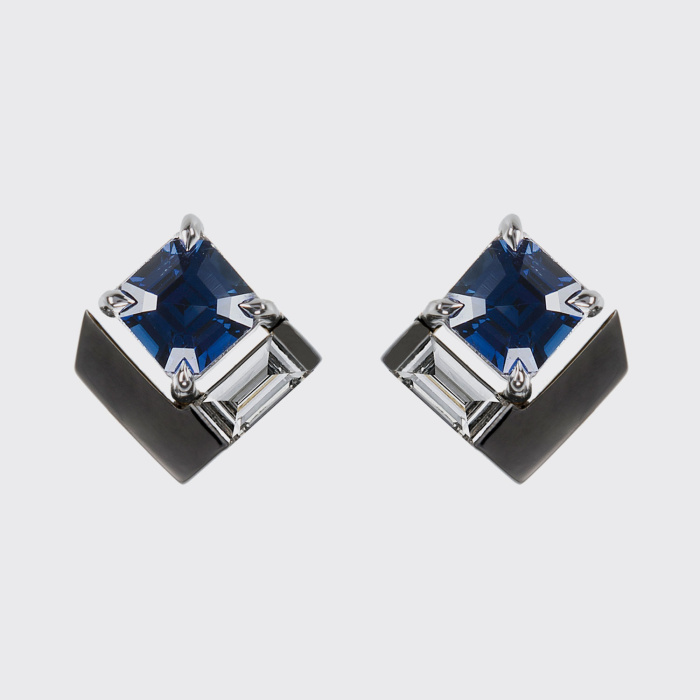 White and black gold stud earrings with blue sapphires and white diamonds