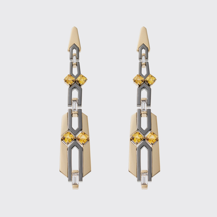 Yellow and black gold long earrings with yellow sapphires and white diamonds