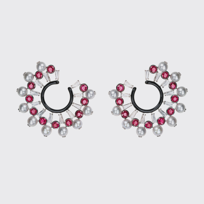 White gold hoop earrings with silver pearls, rubies, white diamonds and black enamel