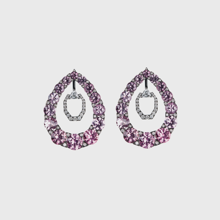 White gold earrings with pink spinnels and white diamonds
