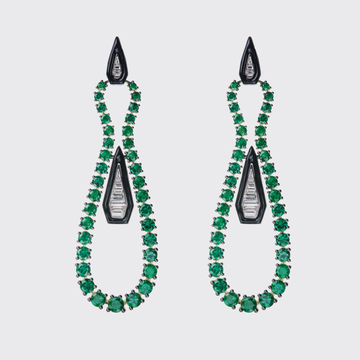 White gold long earrings with emeralds, white diamond and black enamel
