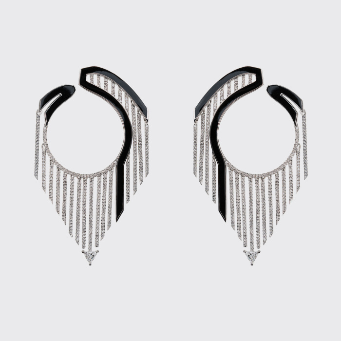 White gold fringe earrings with white diamonds and black enamel
