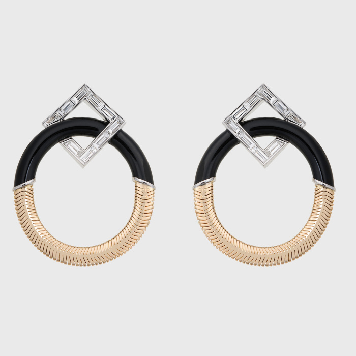 Yellow gold chain hoop earrings with white diamond baguettes and black enamel