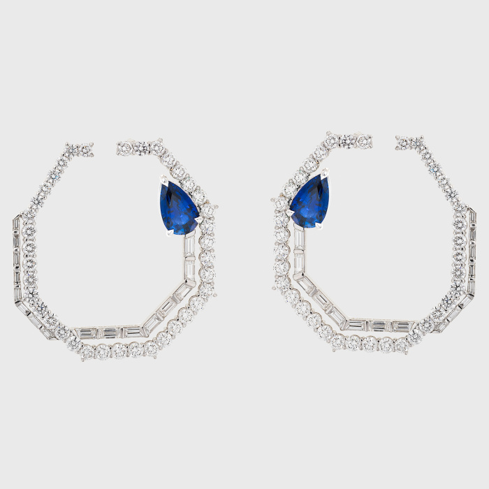 White gold earrings with pear shape blue sapphires, round and baguette white diamonds