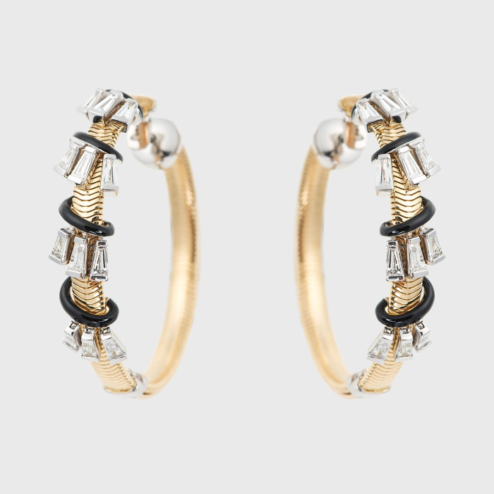 Yellow gold chain hoop earrings with white diamond baguettes and black enamel