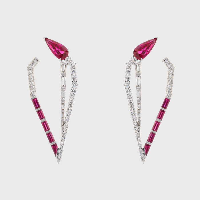 White gold earrings with pear shape and baguette rubies and white diamonds