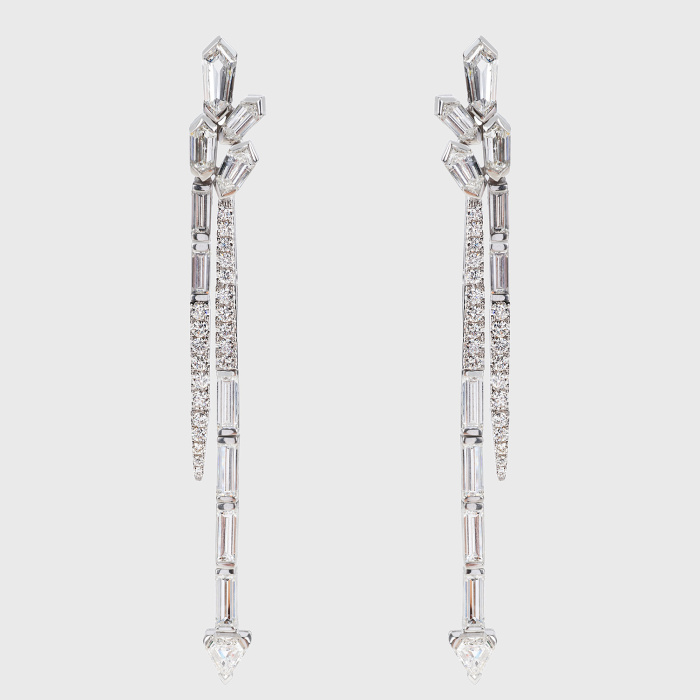 White gold long earrings with trillion, baguette, round and shield white diamonds