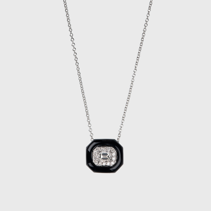 White gold pendant necklace with white diamonds and black enamel