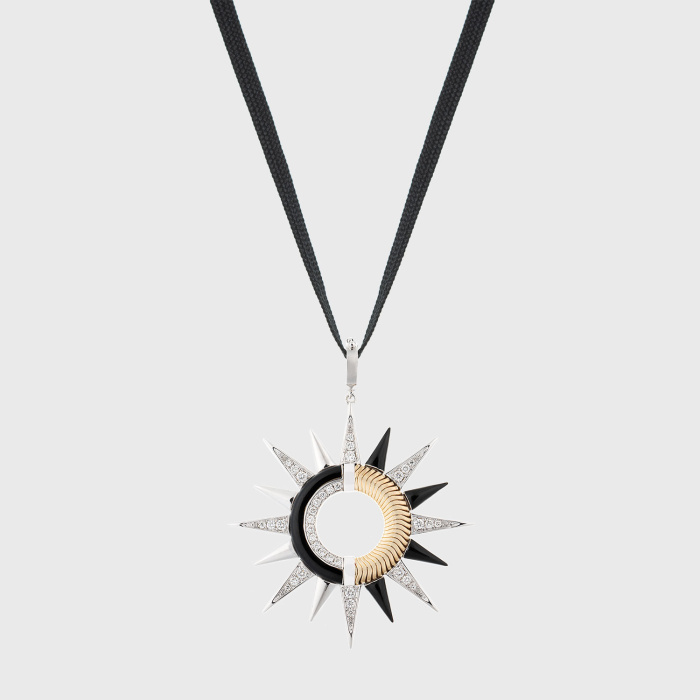 Yellow gold chain star pendant necklace with white diamonds and black enamel