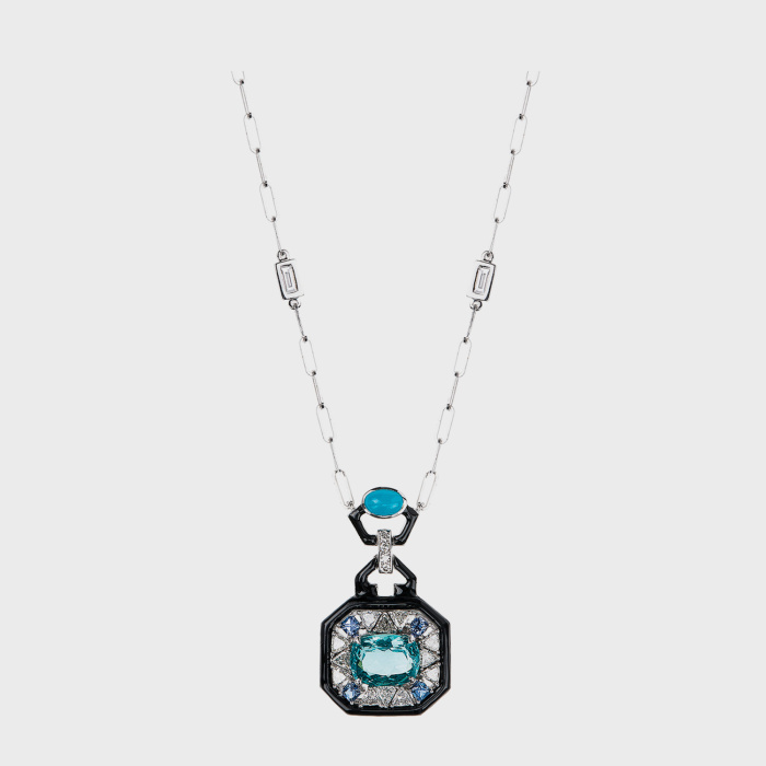 White gold pendant necklace with trillion white diamonds, apatite, white diamonds, turquoise, blue sapphires and black enamel