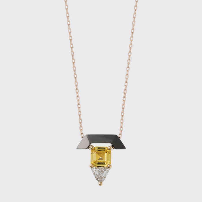 Yellow and black gold pendant necklace with yellow sapphire and white diamonds