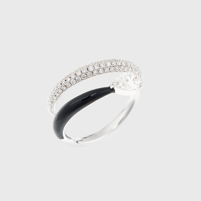 White gold ring with pear shape white diamond, paved white diamonds and black enamel