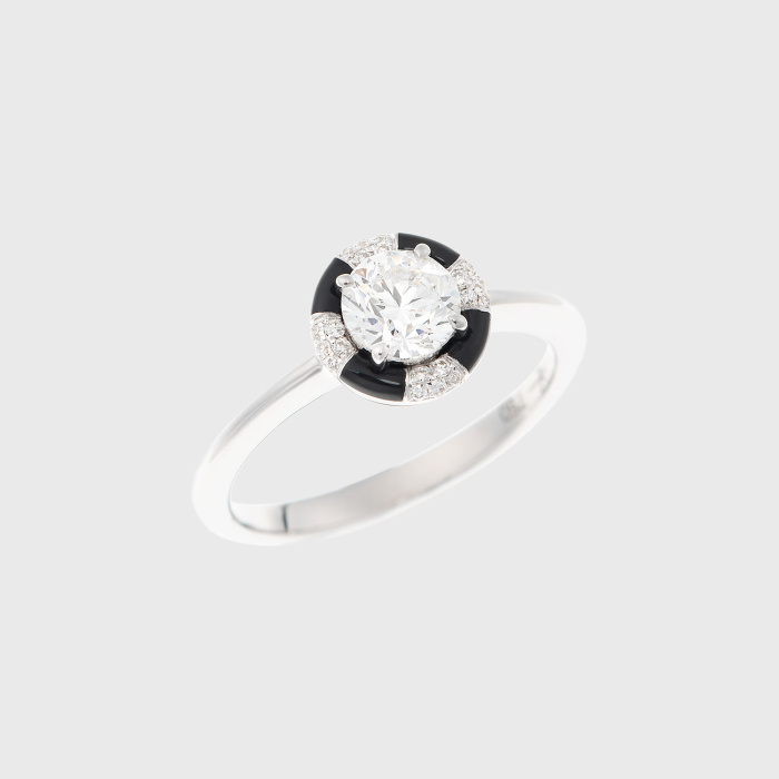 White gold ring with round white diamond and black enamel