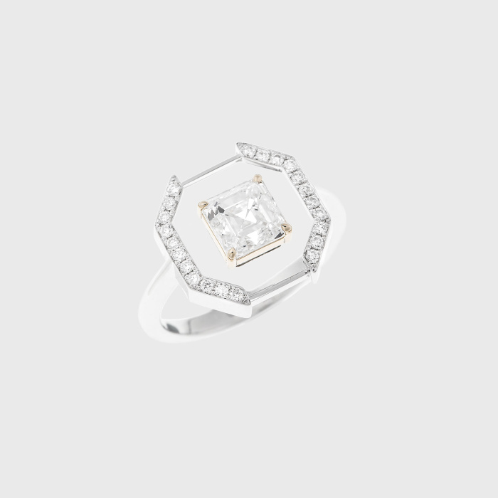 White gold ring with princess cut white diamond and paved white diamonds in translucent enamel