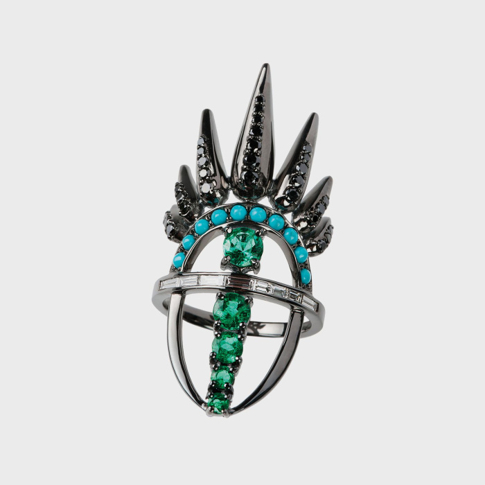 Black gold ring with black diamonds, baguettes, emeralds and turquoises