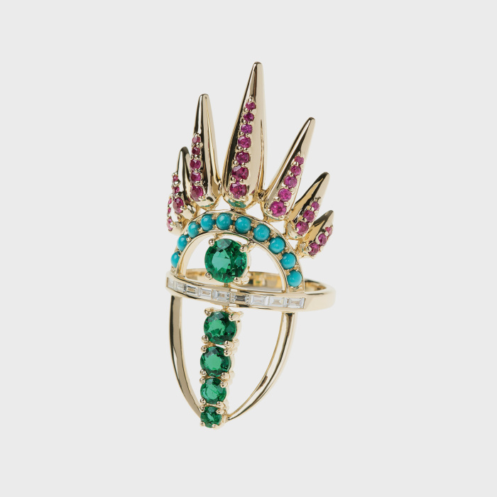 Yellow gold ring with white diamond baguettes, emeralds, turquoises and rubies