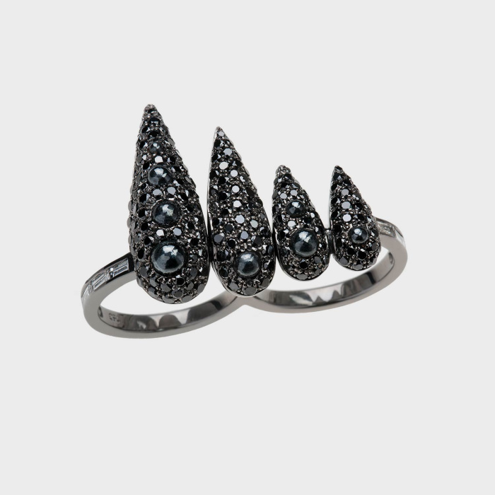 Black gold double finger ring with white diamond baguettes, black diamonds and hematites