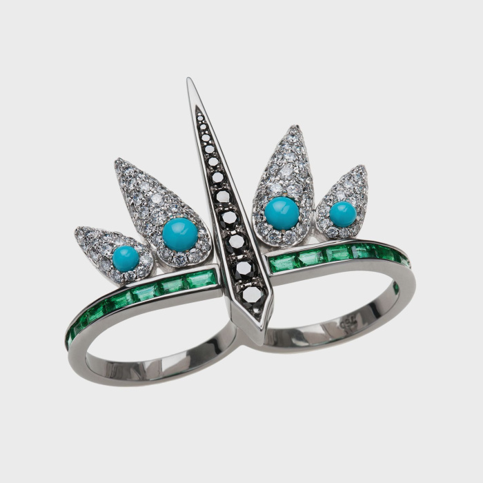 Black gold double finger ring with white diamonds, black diamonds, turquoises and emerald baguettes