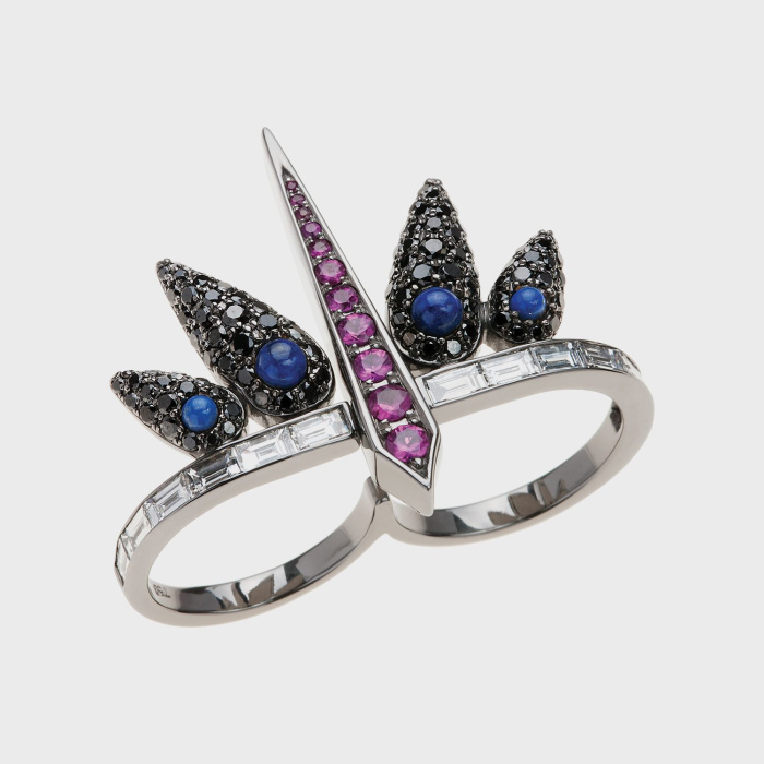Black gold double finger ring with white diamond baguettes, black diamonds, rubies and lapis
